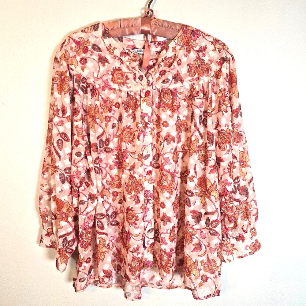 Ophelia Roe Blouse Women's 3X Pink Orange Floral Semi Sheer Spring Boho Classic